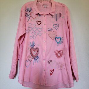 Johnny Was L Pink Heart Embroidered Blouse tagged XL